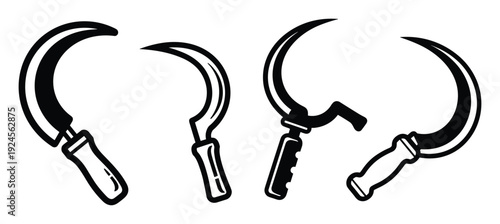 Set of four black and white sickles illustration, agriculture harvesting tool, hand drawn style vector graphic