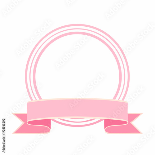 二重のピンクリボンと太枠のモダンでシンプルな円形フレーム