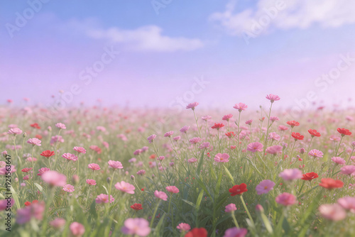 A field filled with pink and red flowers under a clear blue sky. The scene captures a serene, blooming meadow with green grass, ideal for natural landscape and outdoor photography.