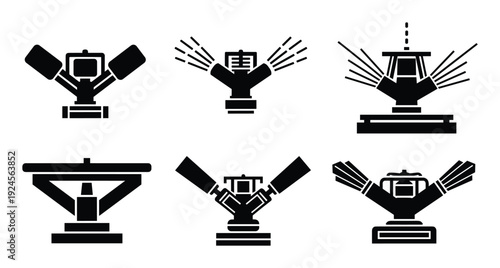 Sprinkler head vector icons set, black silhouette irrigation system for garden lawn, agricultural and industrial sprinklers