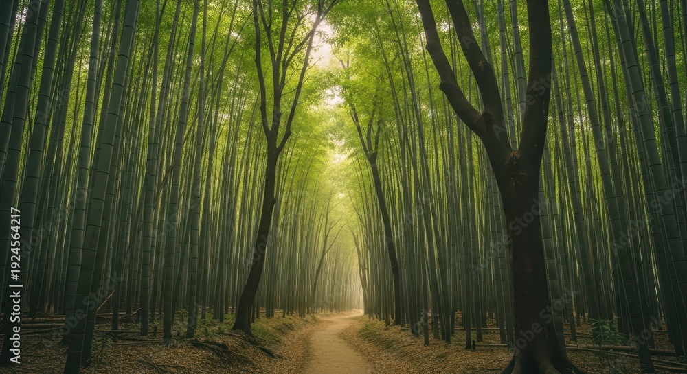 Fototapeta premium Tall, dense green stalks line a winding dirt path through a mysterious forest grove.