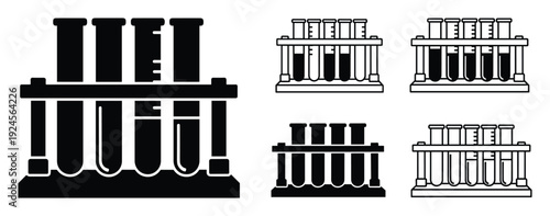 Test tubes and rack in science laboratory. Test tubes with liquid in different styles, lab equipment, simple design