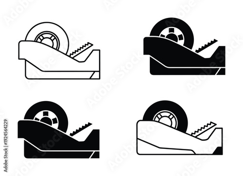 Tape dispenser set in line and filled style, office supply icon isolated, black and white design element