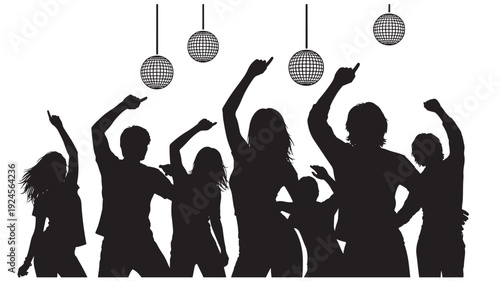 Silhouetted party people dancing under disco balls in dynamic movement with dramatic lighting for nightlife event Transparent BACKGROUND