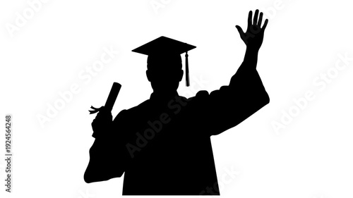 Graduate Silhouette in Celebratory Pose with Diploma in Dramatic Black and Contrast for Education Transparent BACKGROUND