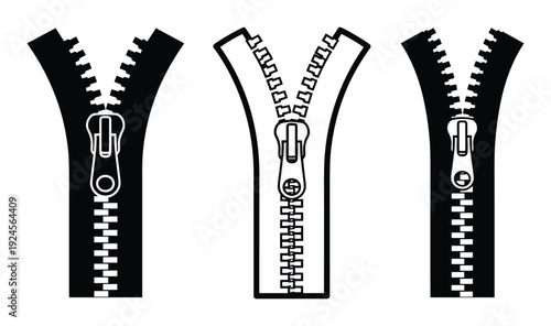 Three open zippers black and white vector graphic, clothing fastener design elements, fastener, apparel, fashion, stitch, tool