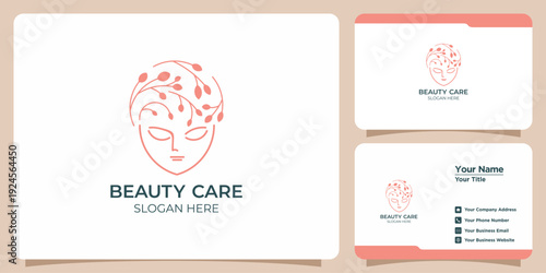 Elegant minimalist woman's face logo with botanical elements, perfect for beauty care, spa, and wellness branding identity. Modern line art design for health and cosmetic businesses
