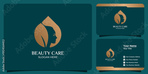 Elegant gold and teal beauty care logo featuring a woman's profile within a graceful leaf or water drop, displayed on a professional business card design concept for premium branding