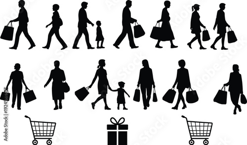 Shopping people silhouettes collection, men women and child walking with retail bags and carts isolated on white background, consumer lifestyle vector set