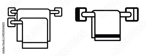 Two towel racks with hanging towels, vector illustration of bathroom accessories, black and white design