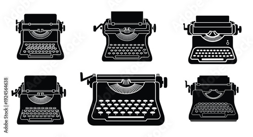Typewriter silhouettes collection vector illustration isolated on white background. Antique typewriters icons and design elements.