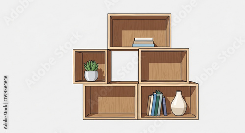 Wooden shelving unit with books plant and vase on white background modern home decor
