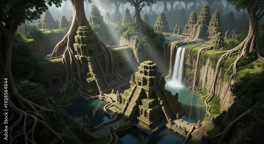Obraz premium Ancient stone temples are enveloped by immense tree roots within a dense, misty jungle environment