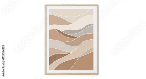 Abstract beige and brown wavy landscape artwork in a light wood frame on white background
