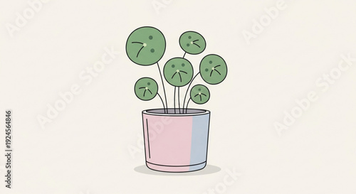 Colorful potted plant with green leaves and pink and blue pot on white background symbolizing nature and serenity in a simple modern design