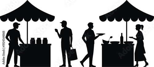 Street food stall silhouettes scene, vendors and customers ordering meals at outdoor market isolated on white background, urban retail vector illustration