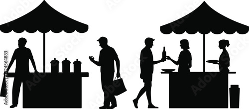 Street food market silhouettes scene, vendors and customers buying snacks at outdoor stall isolated on white background, urban retail vector illustration