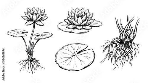 Water lily illustration with flowers, pads, and roots in detailed vector drawing, aquatic plant elements