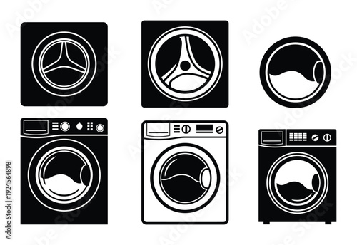 Washing Machine Icons Set. Front Load Washer Silhouettes. Laundry Appliance Vector Design.
