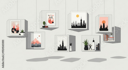 Hanging framed cityscape and plant artwork with shadows on a white wall in a modern interior