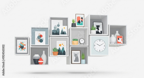 Modern home decor with various framed pictures and objects on shelves clock and plants in a minimalist arrangement