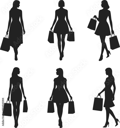 Stylish women silhouettes carrying shopping bags, elegant female shoppers walking in different poses isolated on white background, fashion retail vector illustration set