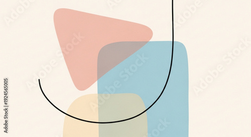 Abstract geometric shapes in pastel colors with black curved line on cream background