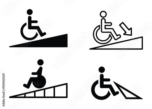 Wheelchair ramp access symbols for disabled individuals and accessibility pictograms