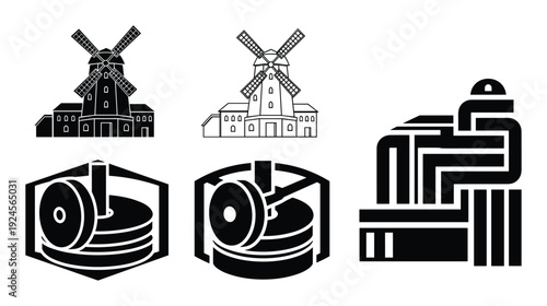 Windmill and millstone vector illustrations. Mill machinery icons with linear design elements. Black and white drawings
