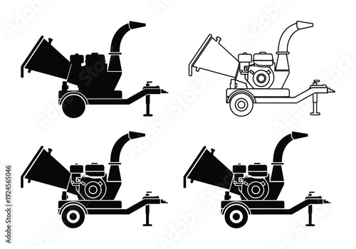 Wood chipper vector illustration, four black and white machine icons on white background
