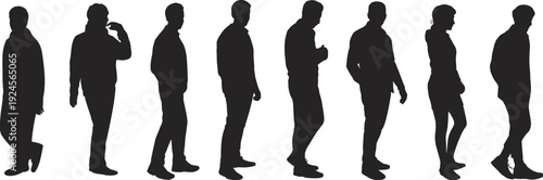 Walking people silhouette collection, diverse men and women in side view poses isolated on white background, urban crowd vector illustration set