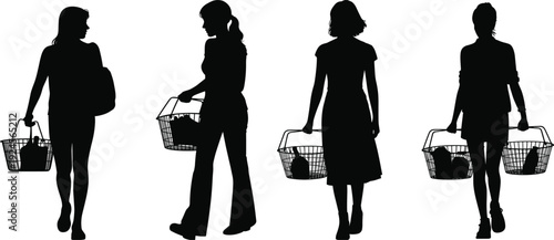 Women silhouettes carrying grocery baskets with food items, female shoppers walking isolated on white background, supermarket retail lifestyle vector illustration set