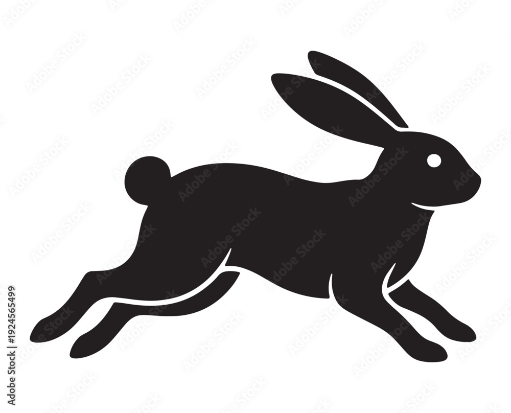 Obraz premium Black silhouette of a rabbit. Dynamic black silhouette of a running rabbit in mid-leap.
