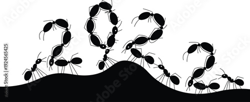 Creative Black Silhouette Illustration of a Colony of Ants Forming the Year Number Two Thousand Twenty Two Isolated on White Background Vector Art