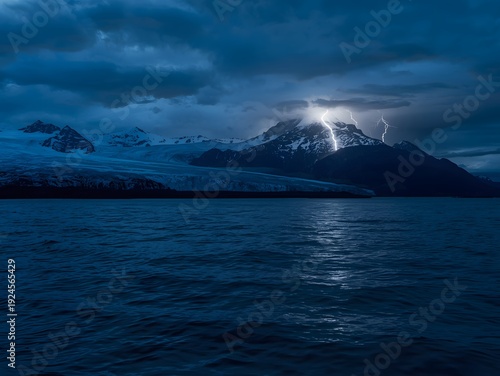 Dramatic storm clouds gather over a turbulent blue sea and distant mountain islands as the sun sets along the horizon of this nature landscape