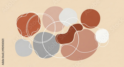 Abstract composition with overlapping earth toned circles and white lines on beige background creating a modern art piece with a calming atmosphere