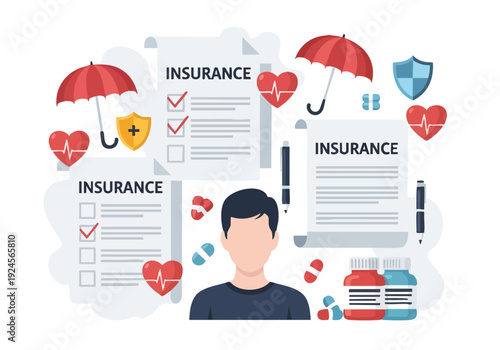 Health Insurance Policy Documents and Medical Care Concept.