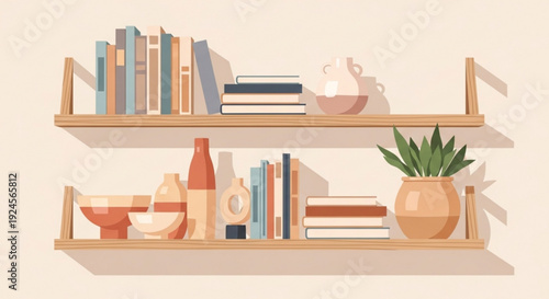 Wooden shelves with books decorative items and a plant on a beige background home decor inspiration