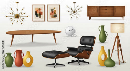Fotografía Mid century modern furniture and decor with colorful vases on a white background