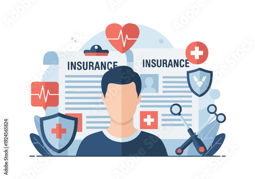 Man with health insurance documents and medical symbols.