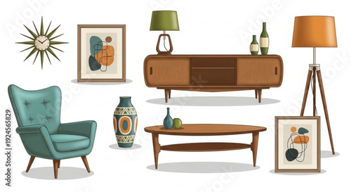Mid century modern living room decor with furniture and accessories including chair coffee table lamp and artwork on white background