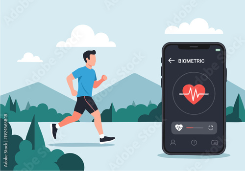 Man running with biometric health tracking app on phone.