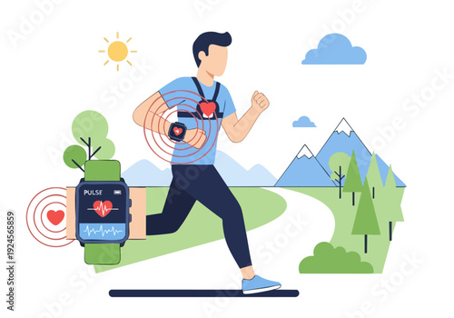 Man Running with Heart Rate Monitor and Smartwatch.