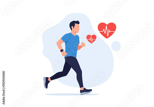Man running with heart rate monitor and cardiogram symbols.