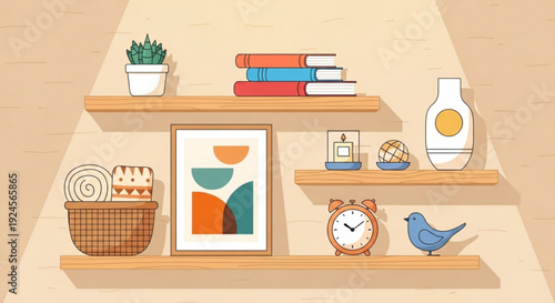 Cozy home interior with wooden shelves filled with decorative items books and plants on beige background