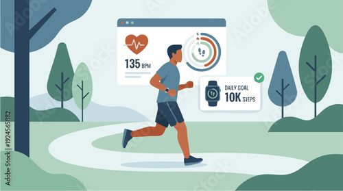 Man running outdoors tracking fitness data on smartwatch and app.