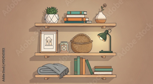 Cozy home interior with wooden shelves filled with books decor and plants on a warm beige background