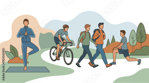 Diverse group of men engaged in various outdoor recreational activities.