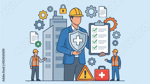 Construction Safety Officer Holding Shield and Checklist.