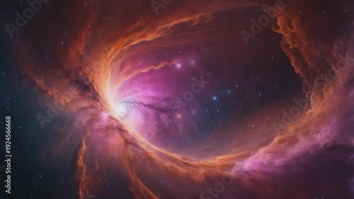 A stunning cosmic visualization, resembling a spiral nebula or a wormhole in the depths of space. The warm golden orange contrasts with the pink-magenta and purple center, creating dramatic visual